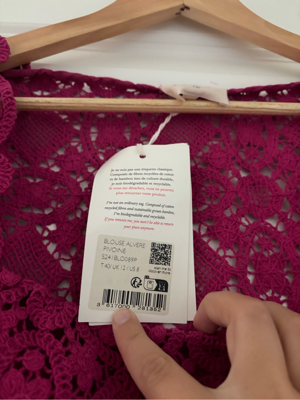 NWT Sezane Alvere Guipre Lace Square Neck Top Blouse Fuschia 8 - Picture 8 of 9